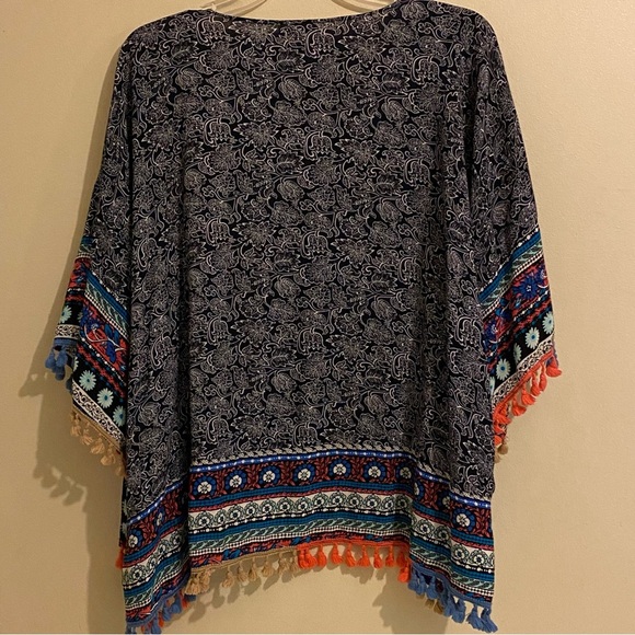 Umgee Size M/L Women’s Multicolor Ruffle Sleeve Open Front Flowy Kimono Tassels - Picture 7 of 9